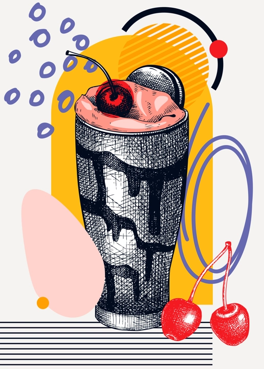 Collage style milkshake vector illustration. Sketched cocktail drawing. Trendy design with milkshake with cherry, geometric and abstract shapes. Sweet drink for print, poster, card, menu, wall art